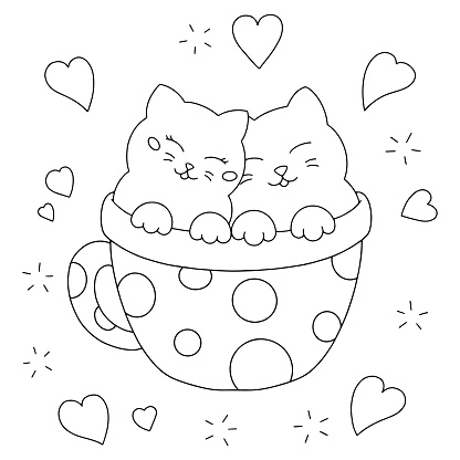 Cute cats sit together in a cup coloring book page for kids valentines day cartoon style character vector illustration isolated on white background stock illustration