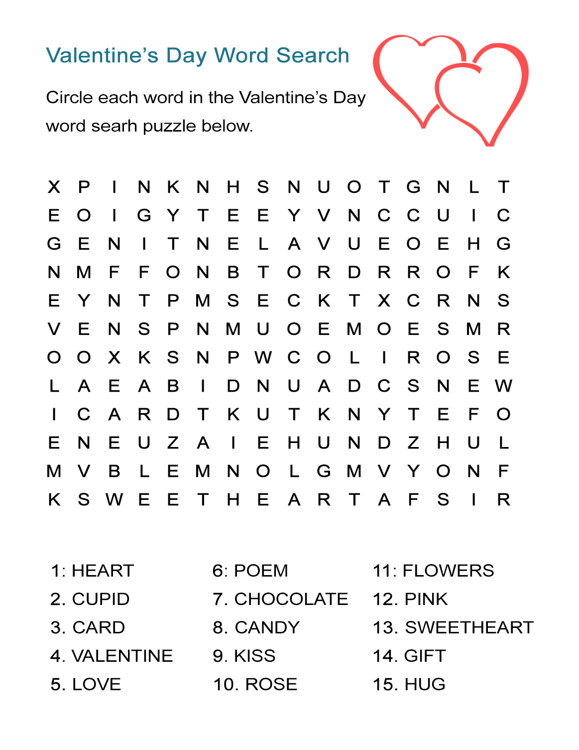 Valentines day word search puzzle free worksheet for february