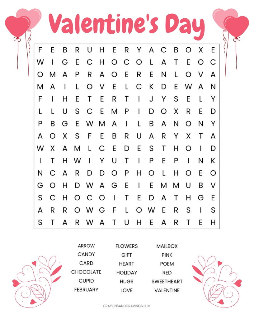 Valentines day word search printable worksheet