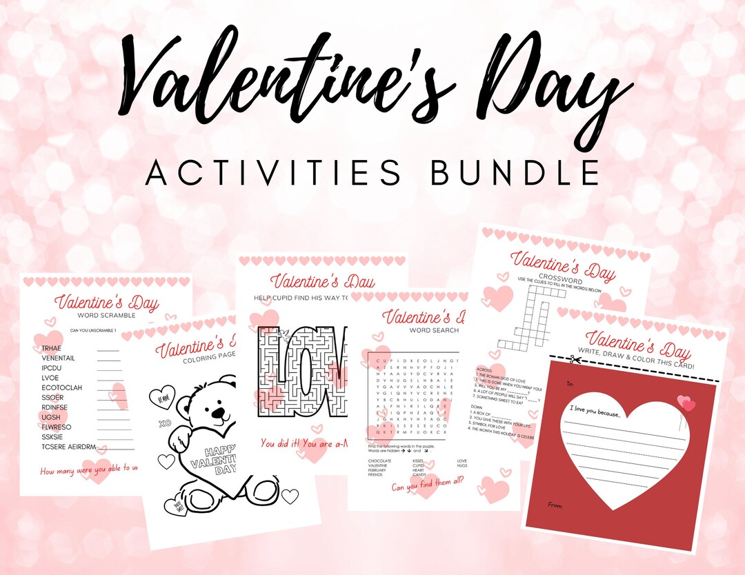Printable valentines day activities valentines games for kids coloring pages kids valentines card word search crossword bundle