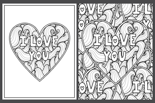 Premium vector i love you doodle heart coloring pages set in us letter format black and white valentines day