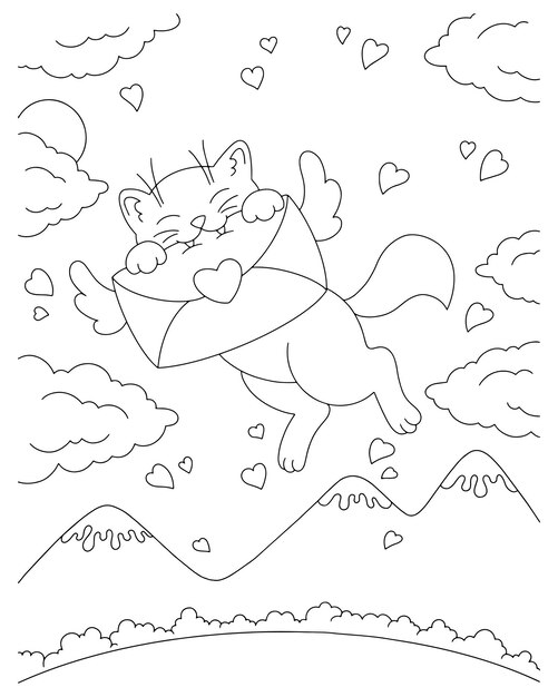Premium vector cupid cat carries a love letter coloring book page for kids valentines day