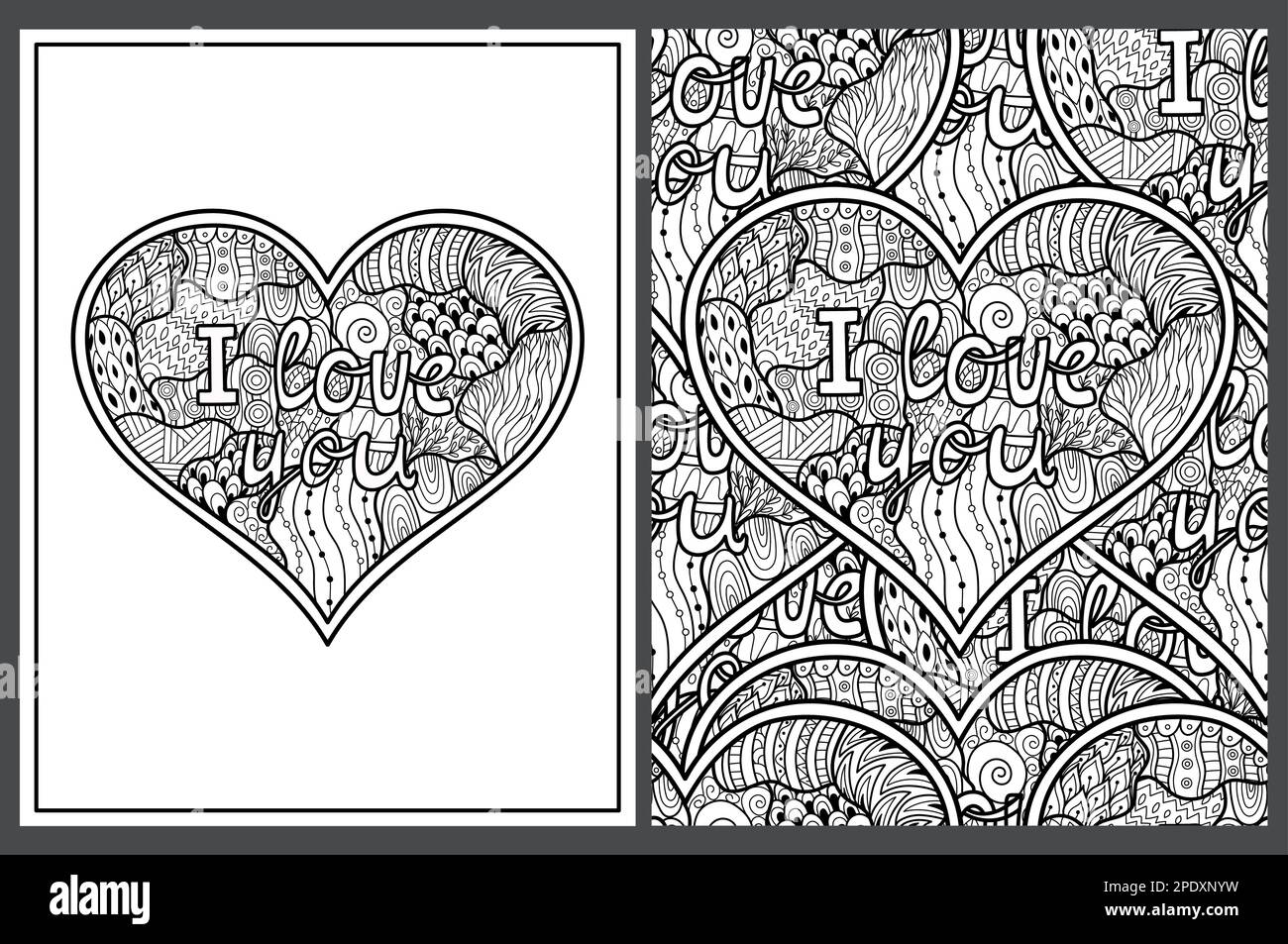 Doodle heart coloring pages set in us letter format with i love you text stock vector image art