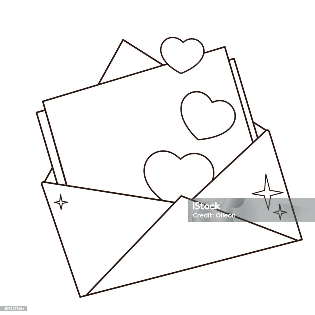 Coloring page outline of greeting letter with hearts valentines day birthday coloring book for kids stock illustration