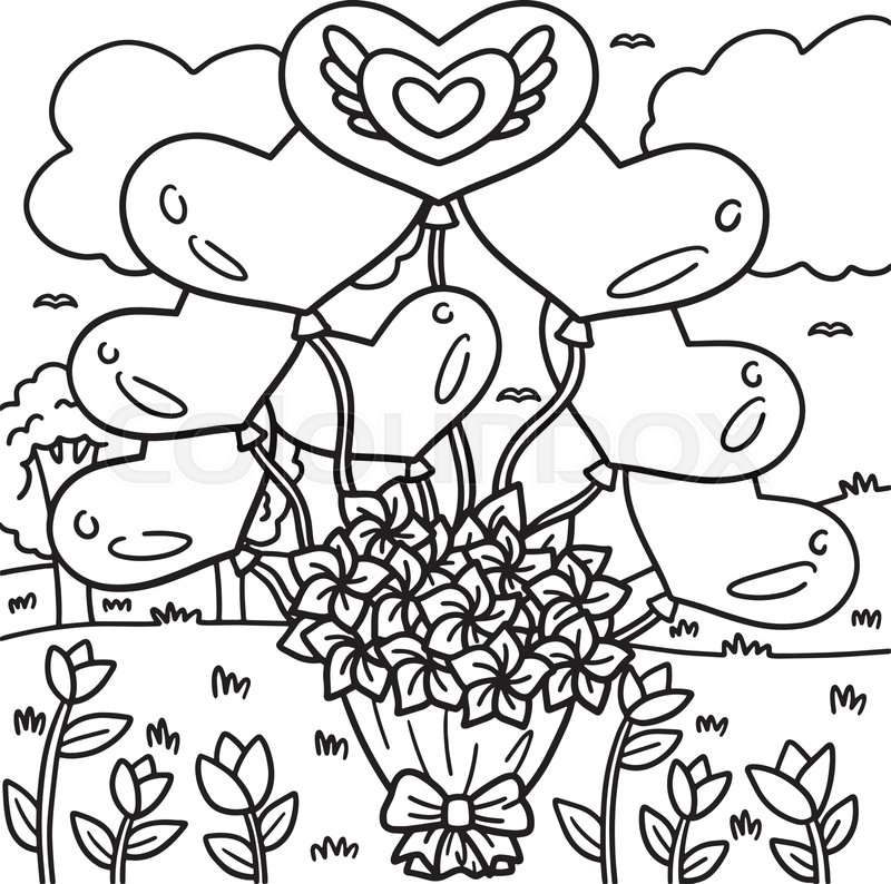 Wedding bouquet with balloon coloring page stock vector