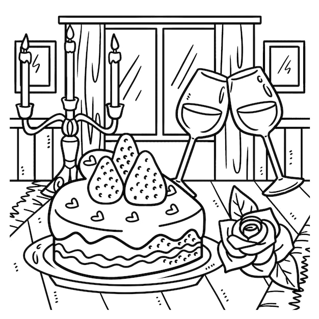Premium vector cake candles and wine valentines day coloring