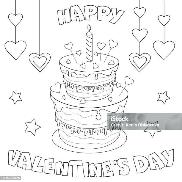 Coloring page black and white vector illustration birthday cake for antistress books stock illustration