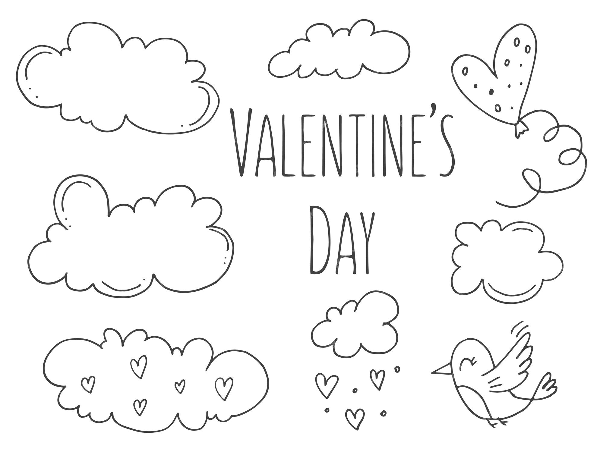 Premium vector set of cute handdrawn doodle elements about love message stickers for apps icons for valentines day romantic events and wedding a bird with a balloon in the sky with