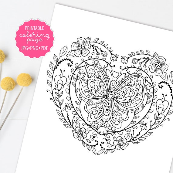 Valentine butterfly heart adult coloring page folk art floral butterfly coloring sheet adult coloring printable or digital instant download