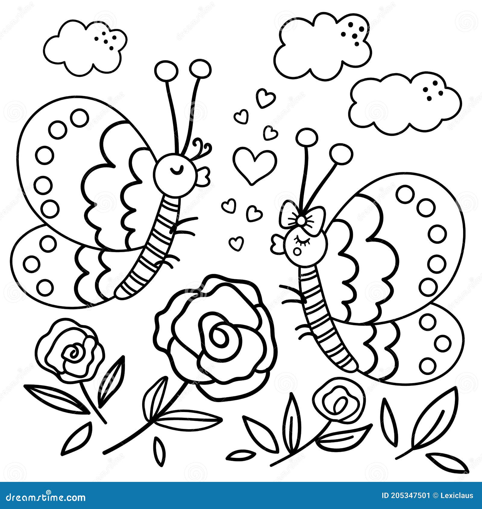 Vector saint valentine day black and white background with cute insects funny scene with two enamored butterflies in the garden stock vector