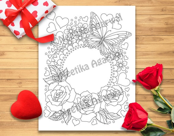 Butterfly and roses valentine adult coloring page valentines day coloring page printable coloring page digital download