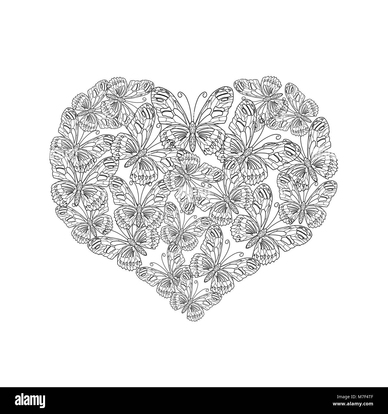 Vector illustration of heart shape from black and white butterfly coloring page book for valentine day stock vector image art