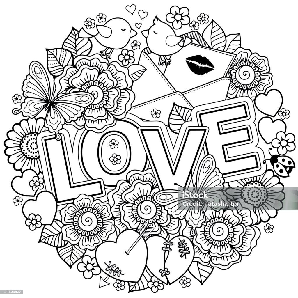 Coloring book for adult design for wedding invitations and valentines day of abstract flowers hearts envelope arrow heart bird kiss butterfly stock illustration