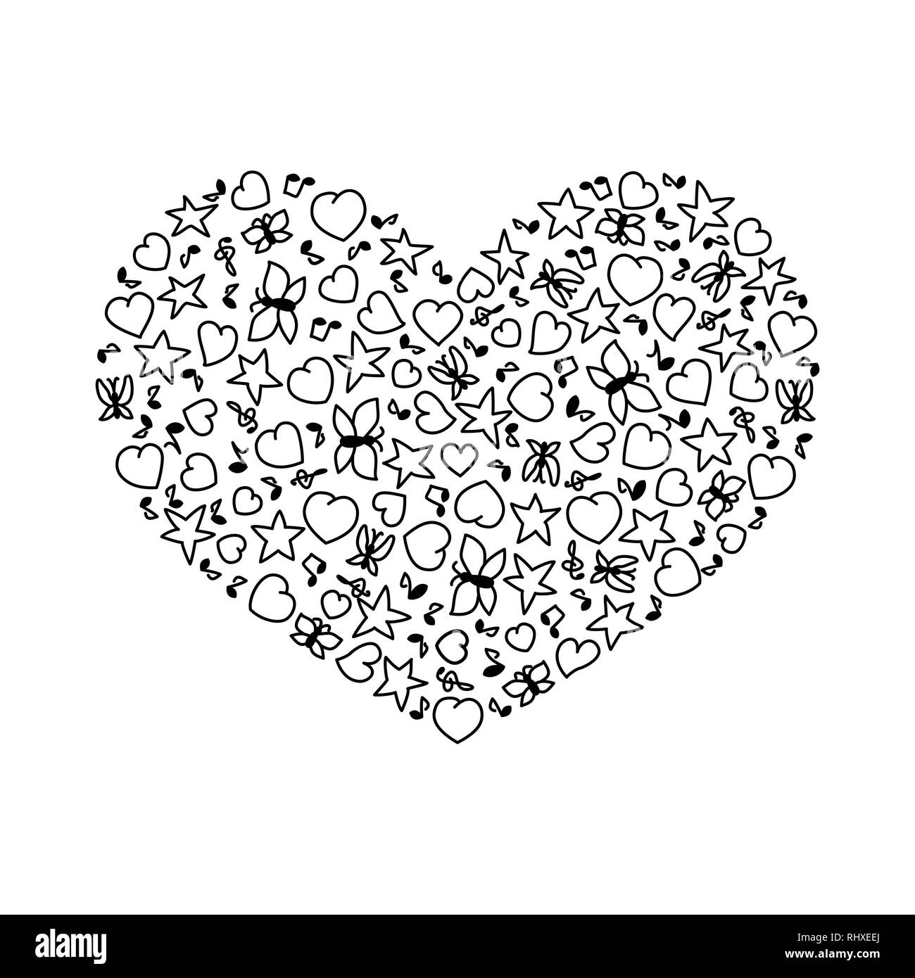 Vector illustration of cartoon heart from heart notes stars and butterflies coloring page book for valentines day stock vector image art