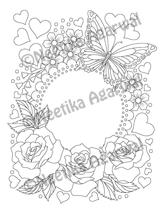Butterfly and roses valentine adult coloring page valentines day coloring page printable coloring page digital download