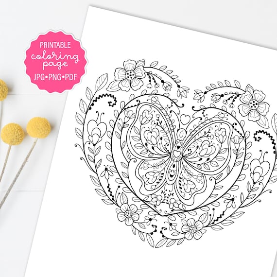 Valentine butterfly heart adult coloring page folk art floral butterfly coloring sheet adult coloring printable or digital instant download
