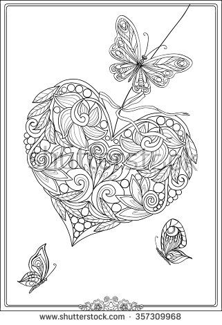 Decorative love heart flowers butterflies valentines stock vector royalty free shutterstock heart coloring pages butterfly coloring page flower coloring pages