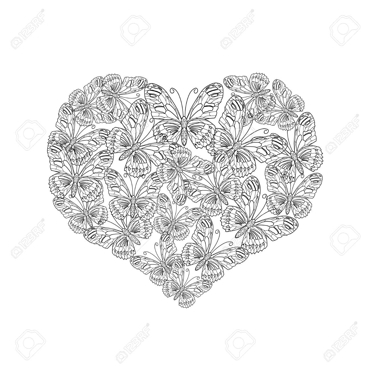 Vector illustration of heart shape from black and white butterfly coloring page book for valentine day royalty free svg cliparts vectors and stock illustration image