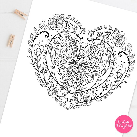 Valentine butterfly heart adult coloring page folk art floral butterfly coloring sheet adult coloring printable or digital instant download
