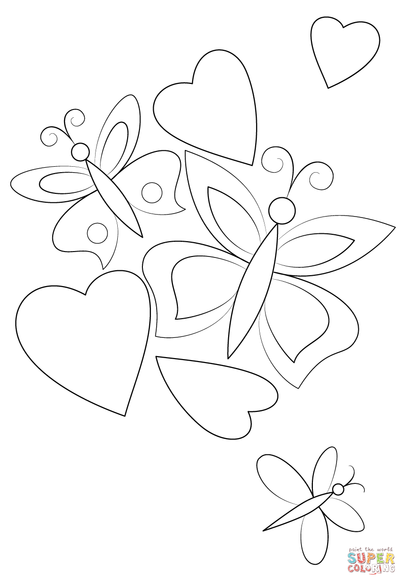 Hearts and butterflies coloring page free printable coloring pages