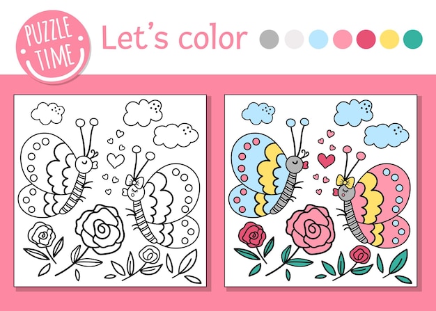 Premium vector saint valentine day coloring page for children funny scene with butterflies flowers hearts vector holiday outline illustration with cute insects color book with for kids with colored example
