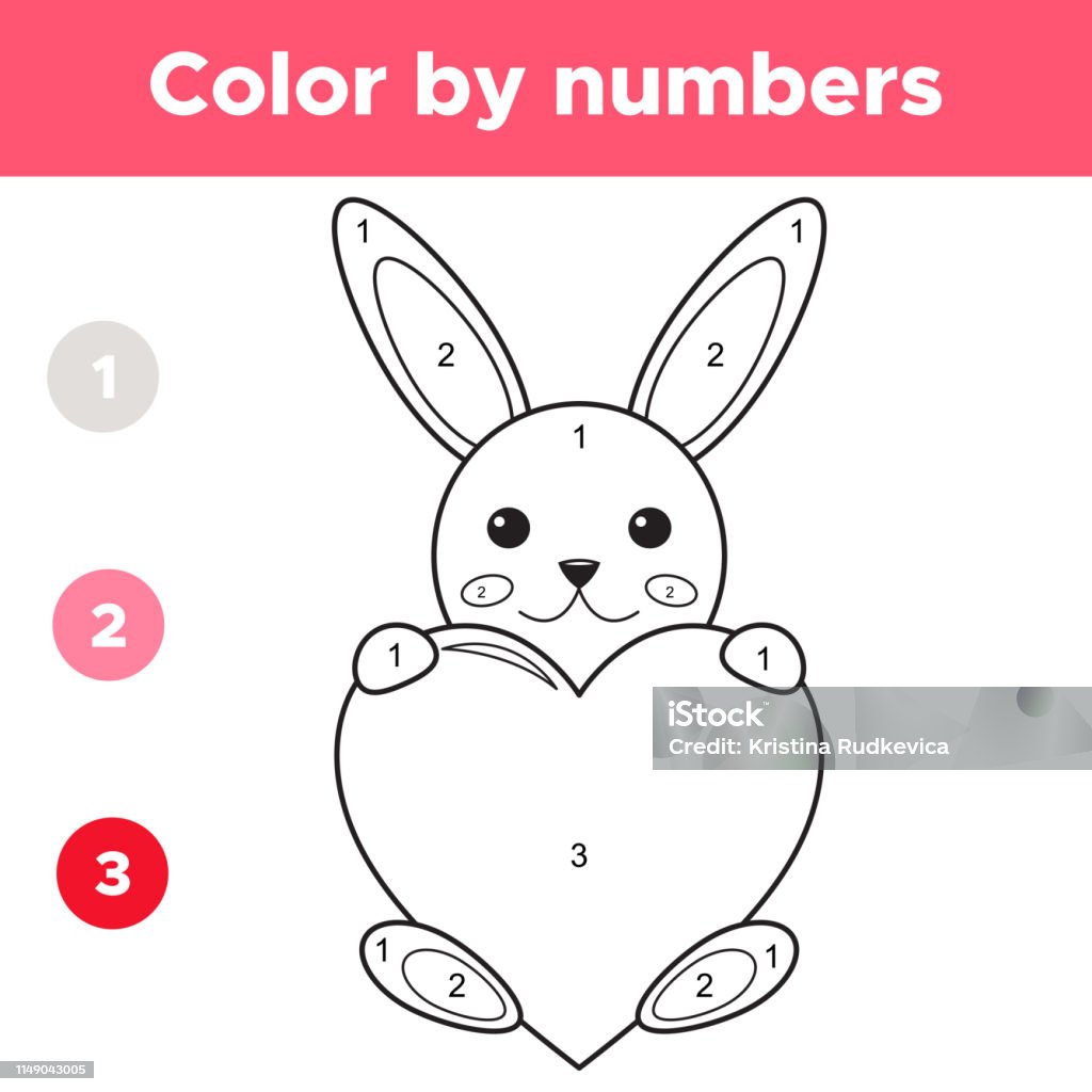 Color by numbers for preschool kids valentines day cartoon kawaii rabbit with big heart coloring page or book educational math game vector illustration stock illustration
