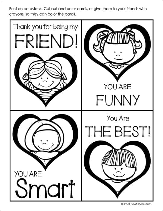 Free printable valentine cards to color for kids set of cards