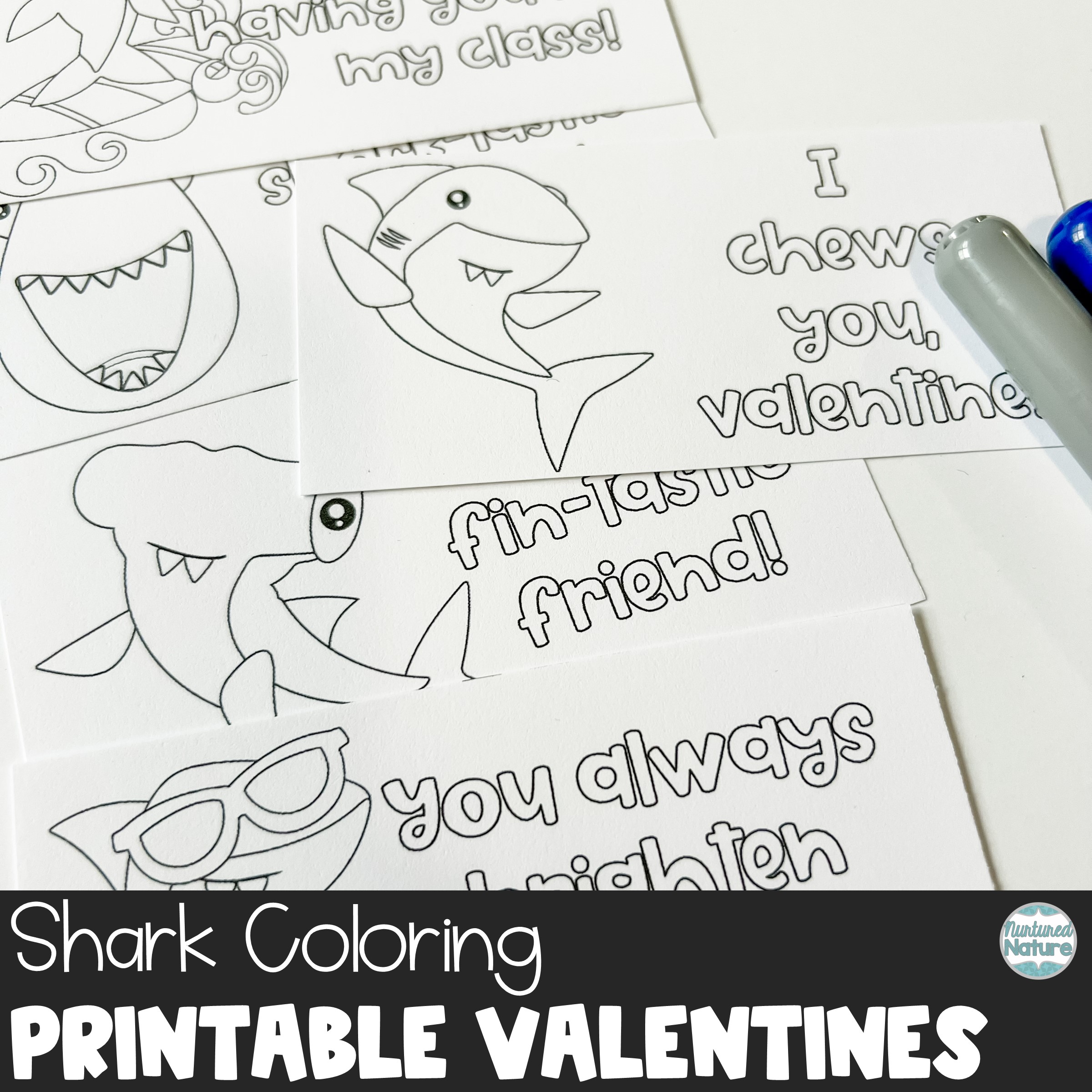 Shark coloring valentines day cards printable made by teachers