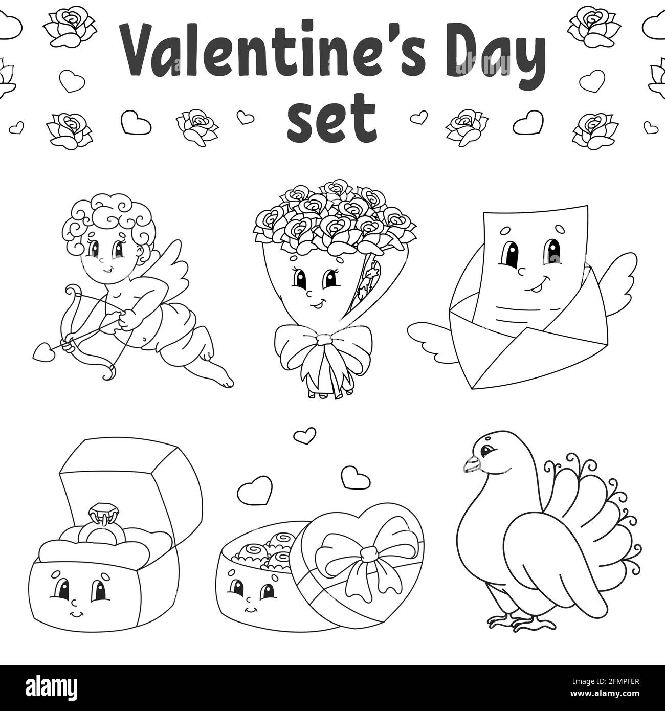 Coloring book for kids valentines day clipart cheerful characters vector illustration cute cartoon style black contour silhouette isolated on w stock vector image art