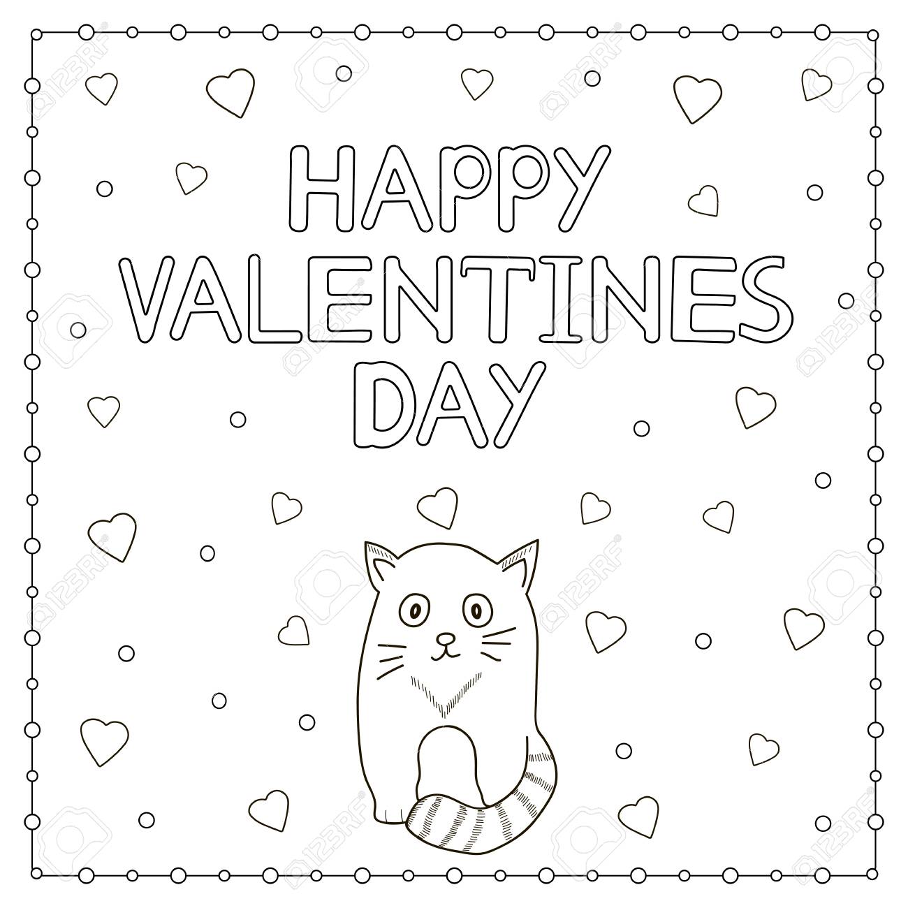 Happy valentine day hand drawn text cat and hearts coloring page vector illustration royalty free svg cliparts vectors and stock illustration image