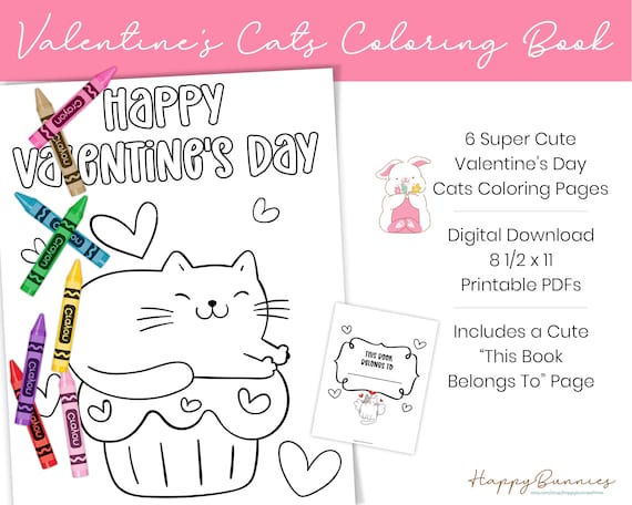 Valentines day cat coloring pages set of printable valentines day coloring pages valentines cat coloring pages instant download