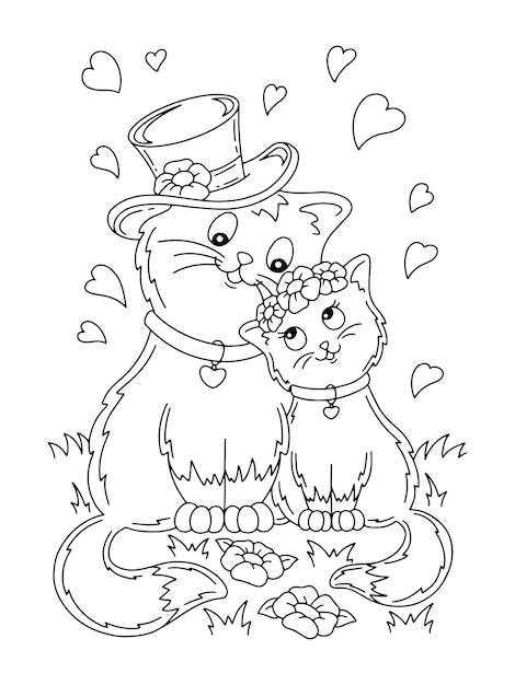 Premium vector cute cats couple in love coloring book page for kids valentines day