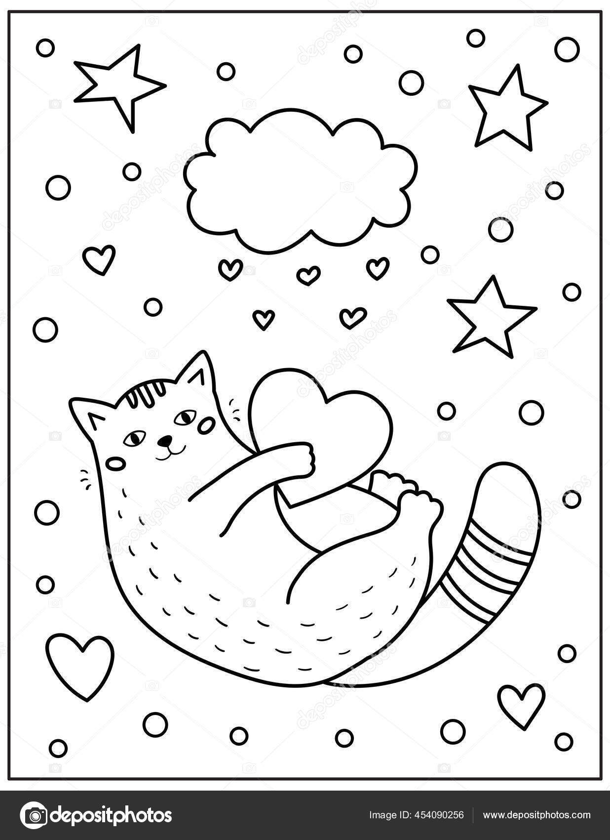 Cute hand drawn doodle cat with big heart valentines day coloring page for children and adults outline vector illustration stock vector by kristina