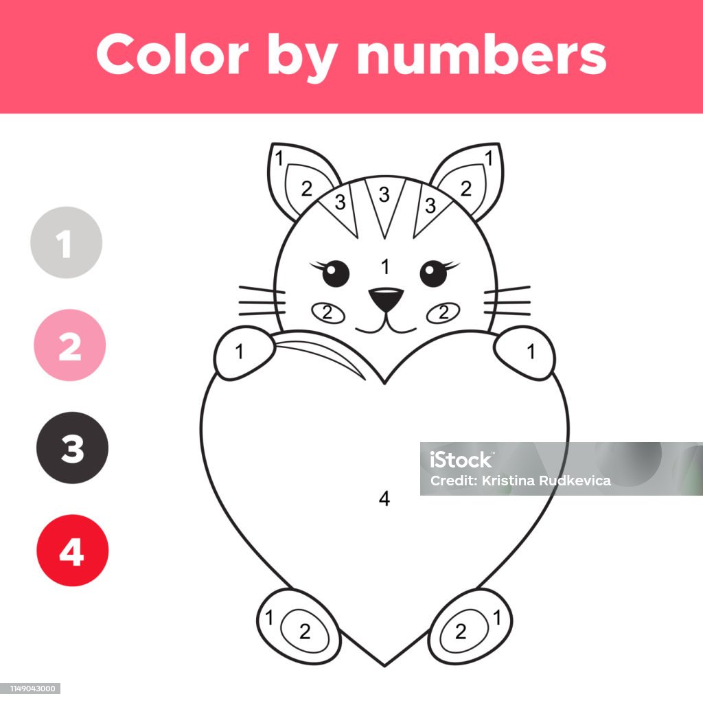 Color by numbers for preschool kids valentines day cartoon kawaii cat with big heart coloring page or book educational math game vector illustration stock illustration