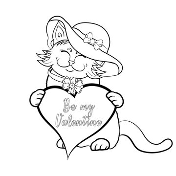 Happy cute kitten coloring book outline cat in hat with heart be my valentine colouring book black and white drawing vector