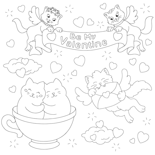 Premium vector beautiful loving cats coloring book page for kids valentines day cartoon style character