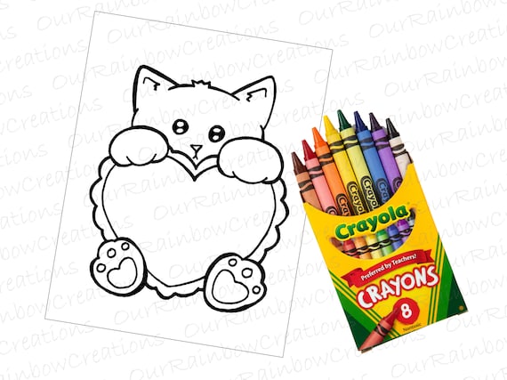 Catkitten with heart valentine valentines day coloring page instant download printable