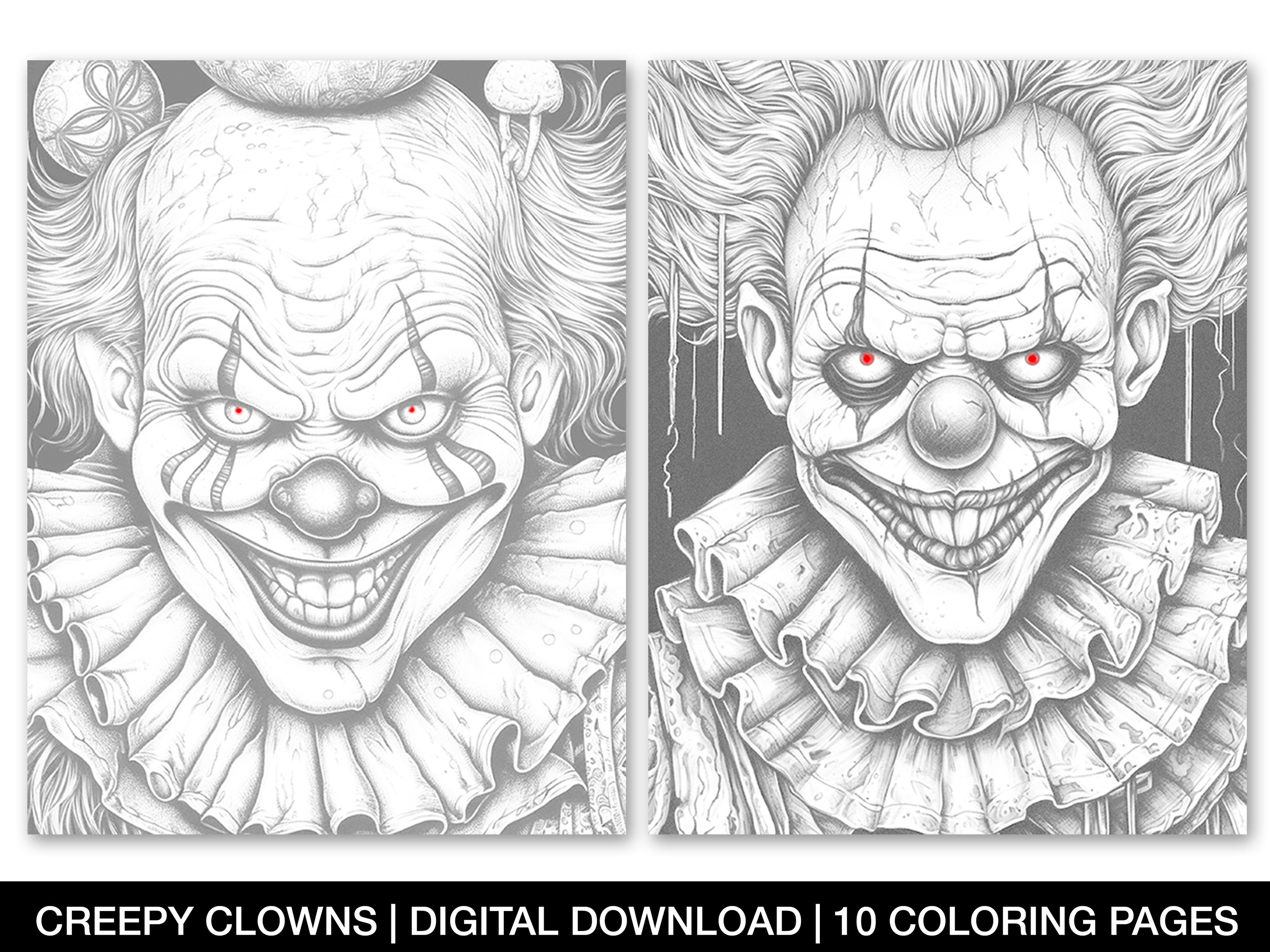 Creepy clowns coloring pages for adults printable psychedelic clowns psycho grayscale evil clowns coloring sheets instant download instant download