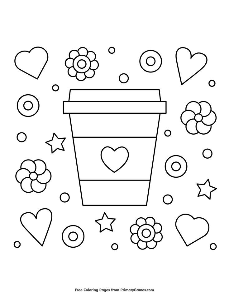Hearts flowers and coffee coloring page â free printable ebook valentines day coloring page free coloring pages coloring pages