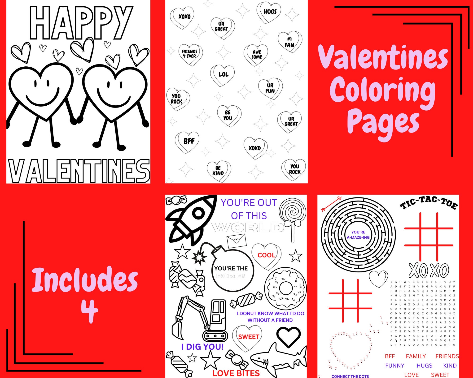 Valentines coloring pages set of