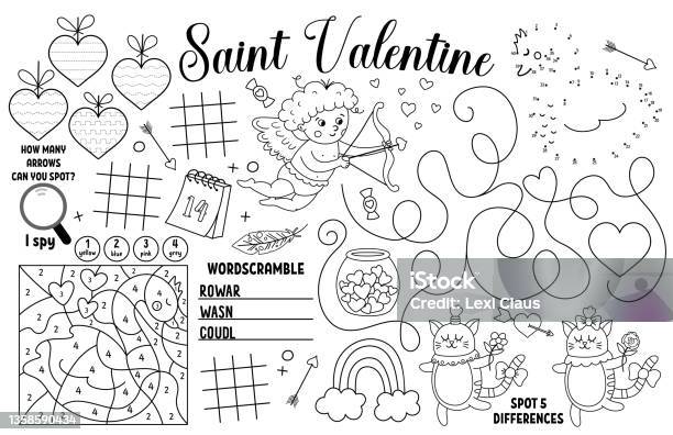 Vector saint valentine placemat for kids love holiday printable activity mat with maze tic tac toe charts connect the dots find difference black and white play mat or coloring page stock illustration