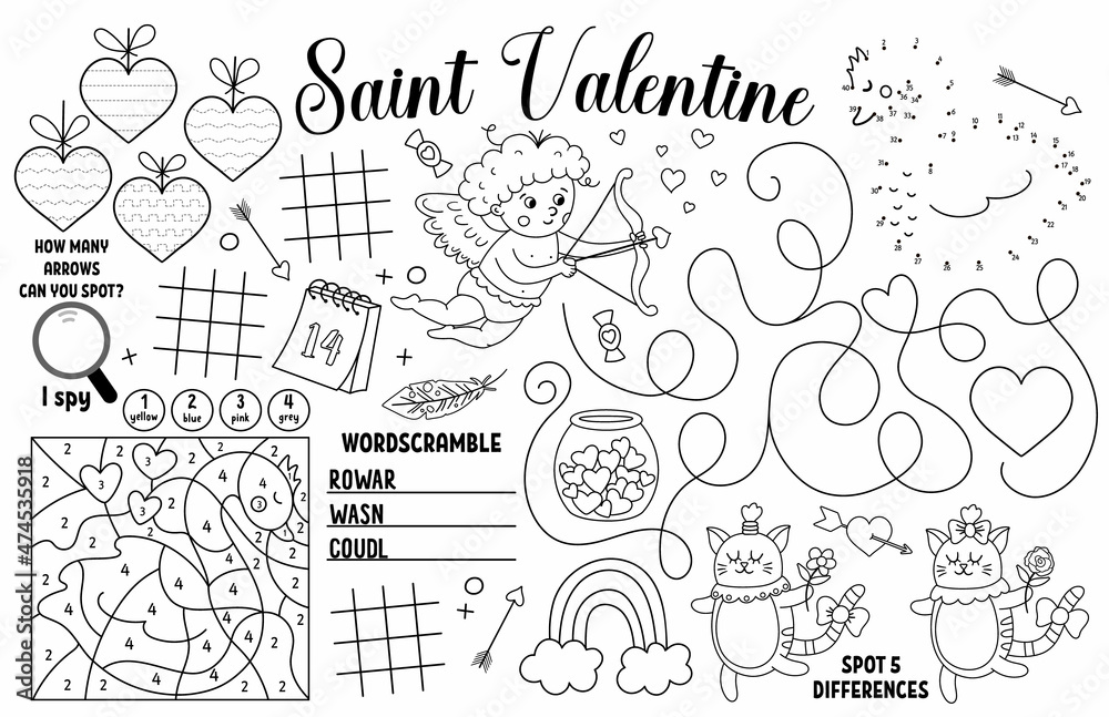 Vector saint valentine placemat for kids love holiday printable activity mat with maze tic tac toe charts connect the dots find difference black and white play mat or coloring page vector