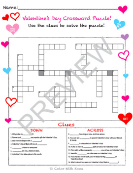 Valentines day crossword puzzle by color with kona tpt