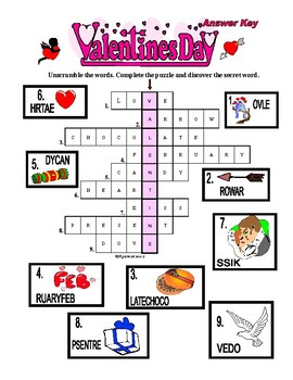 Valentines day crossword puzzle with a secret word pictures scrambled words