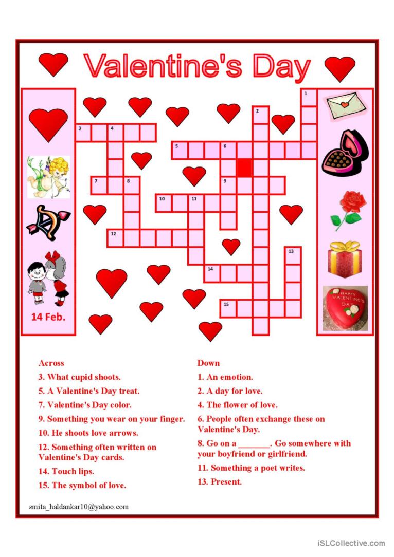 Valtine day crossword crossword glish esl worksheets pdf doc