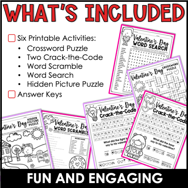 Valentines day activities packet crossword crack the code word search puzzles made by teachers