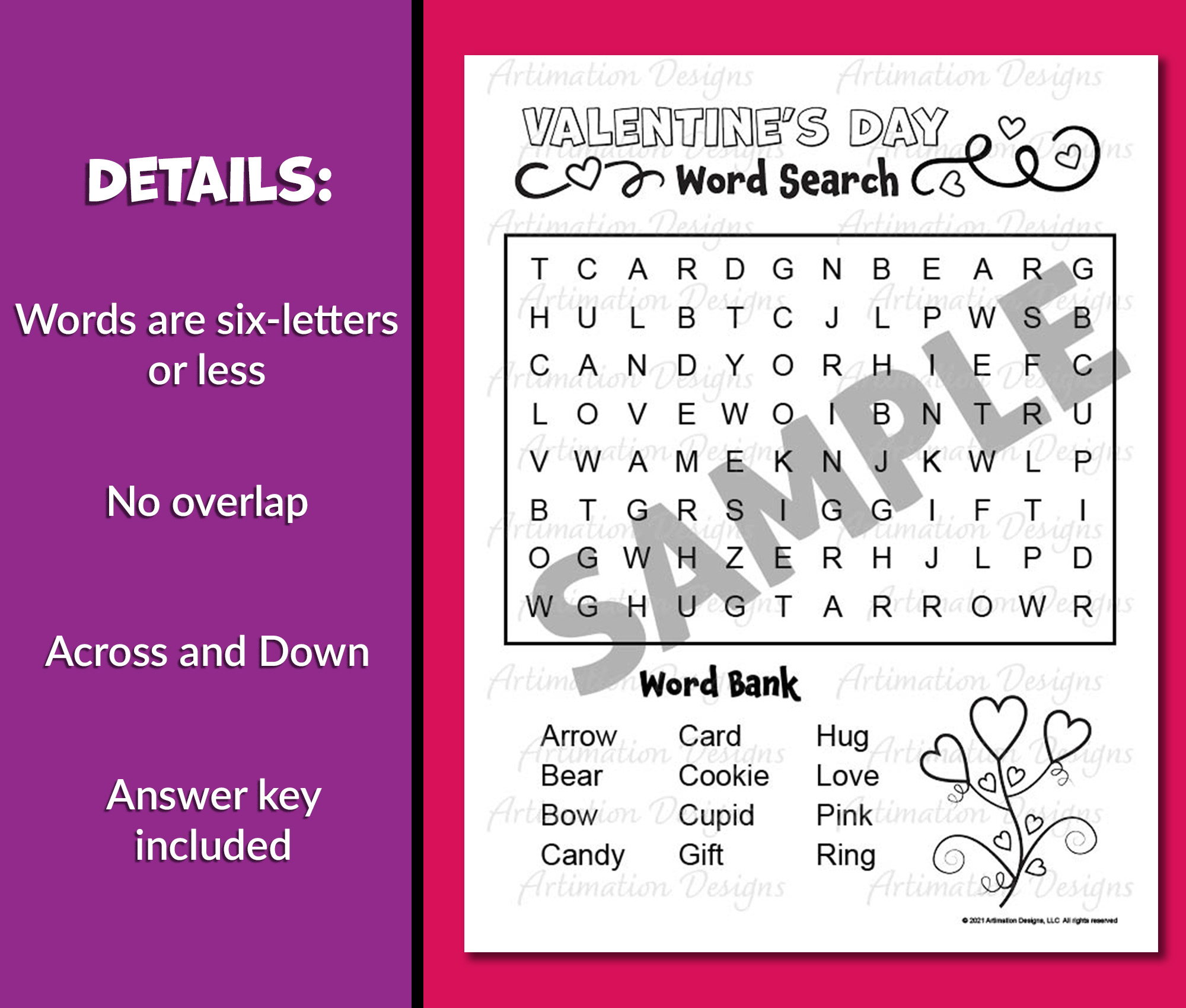 Valentines day word search easy level word puzzle game word find activity made by teachers