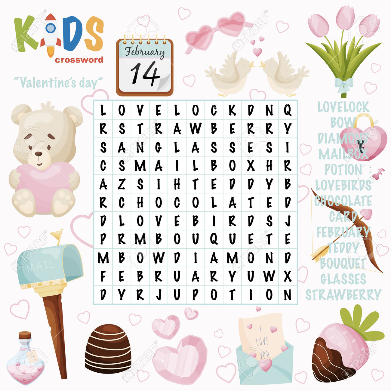 Easy word search crossword puzzle valentines day for children in elementary primary and middle school fun way to practice language prehension and expand vocabulary includes answers royalty free svg cliparts vectors and