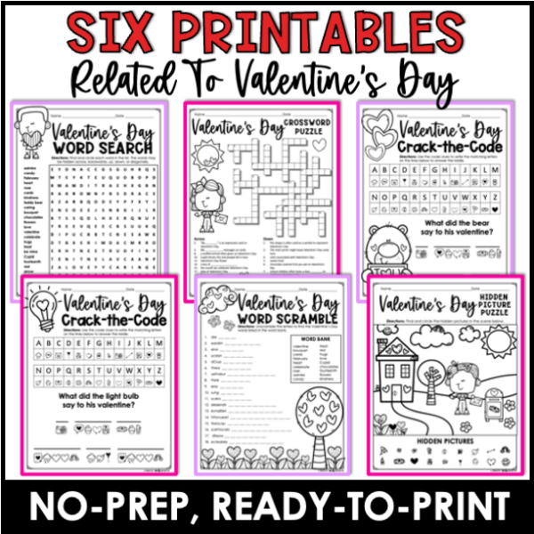 Valentines day activities packet crossword crack the code word search puzzles made by teachers