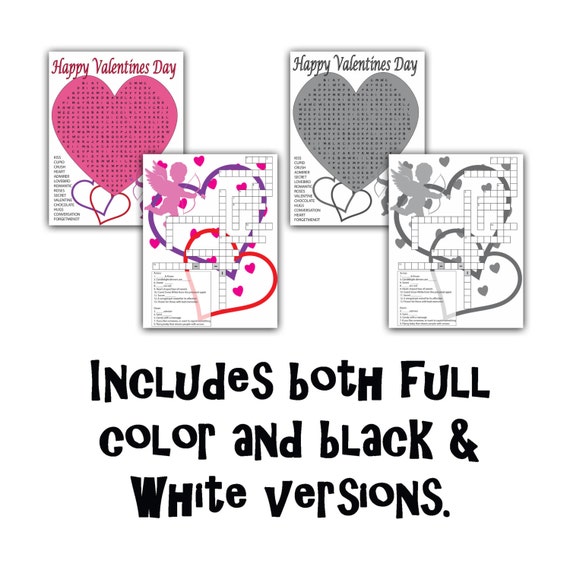 Valentines day crossword puzzle and word search party game printables instant download